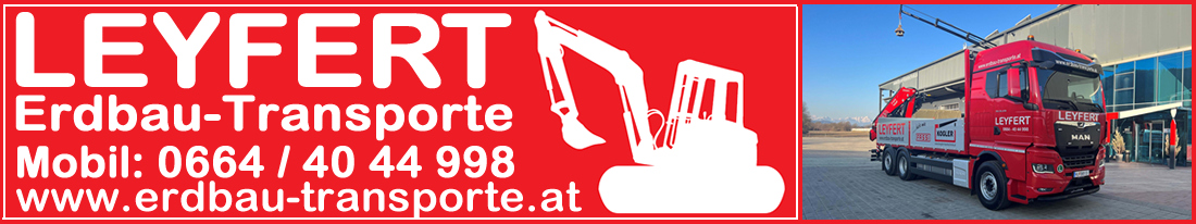 Leyfert Erdbau–Transporte – Firmenbanner mit Bagger und Lkw